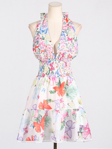 Vestido Mini Casual de Verano de Lujo con Logo Personalizable, Sexy, con Cuello en V, Túnica, con Lazos, para Mujer, Estilo Imperio, Sin Espalda, de Encaje, con Estampado Sexy - Product Image 4