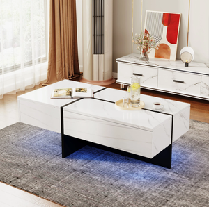 Tavolino da Caffè Lucido con Illuminazione LED e Cassetti <span class=keywords><strong>Effetto</strong></span> <span class=keywords><strong>Marmo</strong></span> Bianco Tavolo Centrale per Soggiorno - Product Image 3