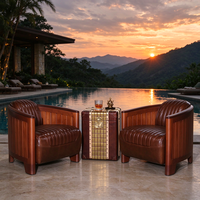 Fauteuil en cuir rétro, structure en bois massif à lattes, chaise club vintage, cuir pleine fleur marron, canapé individuel pour villa, hall d'entrée, bar