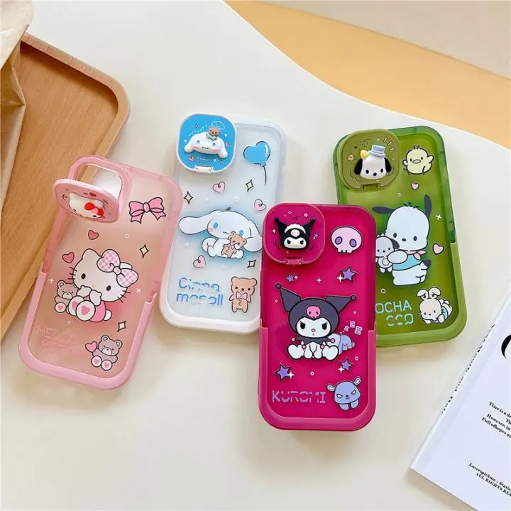 Cute 3D Toy Design Invisible Folding Holder Mirror Cartoon Phone Case Back Cover For iPhone 14plus 13Promax 12Pro 11 XS XR