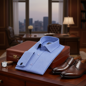 Chemise habillée bleue pour homme à poignets mousquetaires 100 % coton, col carré, infroissable, respirante, écologique, grandes tailles - Product Image 3
