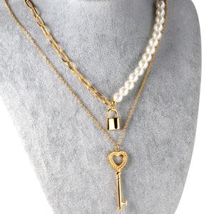 Collar de Moda 2021 con Colgante de Llave y Candado Personalizado de Acero Inoxidable con Doble Cadena para Mujer - Product Image 3