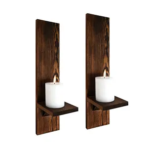 Wholesale Set of 2 Rustic Brown Decorative Wall Candle Sconces Pine Wooden Candle Holder