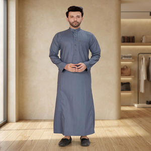 Robe musulmane traditionnelle arabe islamique légère pour hommes, bleu ardoise, à manches longues et col mandarin, style Thobe saoudien - Product Image 4