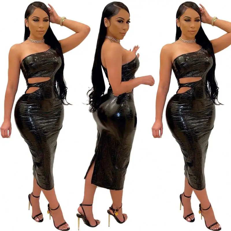 New Arrival Style PU Bodycon Black Women Dresses Sexy One-shoulder Strap Leather Skirt Tube Top Strap Tight Dress 2022