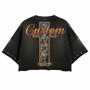 Camiseta de streetwear personalizada de algodón de 300GSM de alto gramaje con lavado efecto sucio, corte oversize y boxy, estilo cropped, con gráfico de pedrería para hombre - Product Image 3