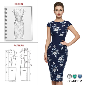 Abito Midi Floreale Vintage Retrò con Stampa Personalizzata, Girocollo, Vita Alta a Contrasto, Vestibilità Aderente, Stile Anni '<span class=keywords><strong>50</strong></span>, per Ufficio e Carriera Donna - Product Image 1