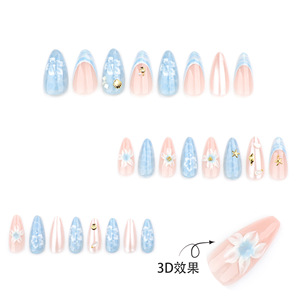 Faux ongles à presser courts en amande, motif vague d'eau 3D, océan bleu, coquillage, étoile de mer, ombré, été, vente en gros - Product Image 4