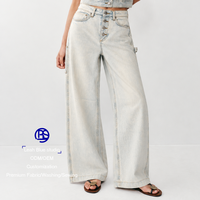 Jean cargo large pour femme, délavage clair, avec détails perles, fermeture boutonnée, en denim vintage, idéal pour tenues de soirée et de rue, OEM ODM