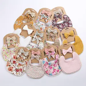 Fashionable Ins Baby 100% Cotton Double Faced Floral Baby Bibs Bowknot Headband Set