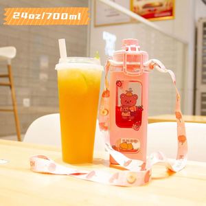 BPA-Free Customization Water Bottle With Straw 3D Cute Bear Sticker Bpa Free <b>Plastic</b> Square Sippy Cup Portable <b>Drinkware</b> 700ml - Product Image 5