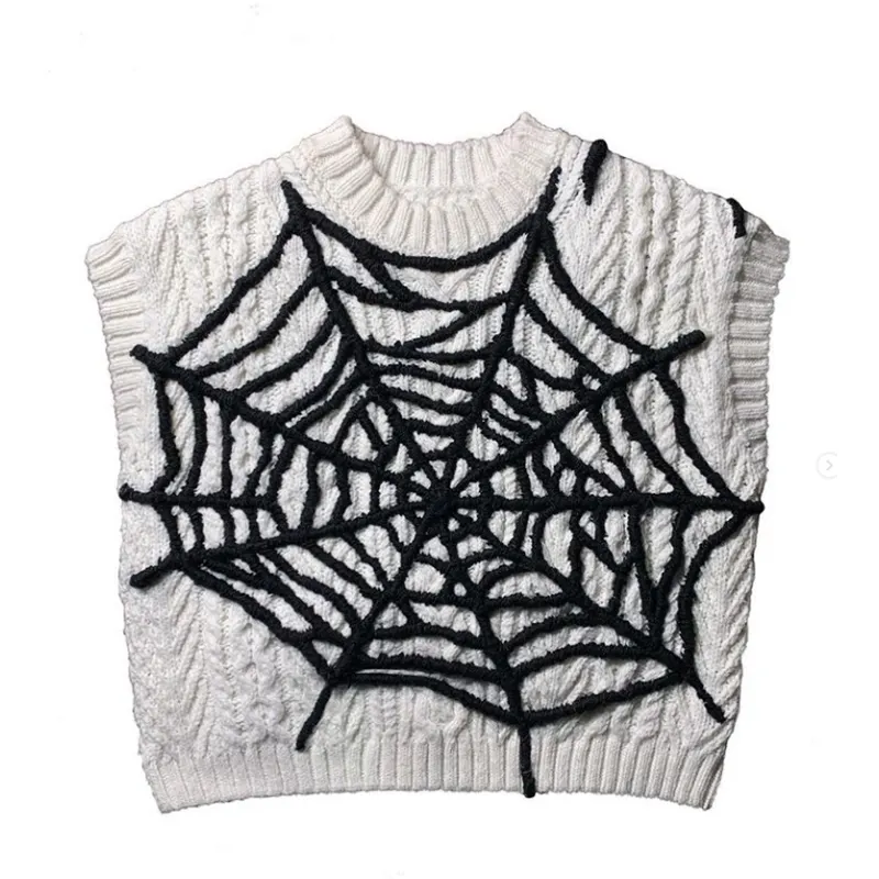 DiZNEW OEM custom design spider pattern crew-neck loose knitted sleeveless men pullover white sweaters vest