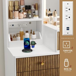 Gương và đèn, bàn trang điểm kính hiện đại hàng đầu với ngăn kéo & Trạm Sạc, 3 kệ, khay trang điểm bàn trang điểm - Product Image 3