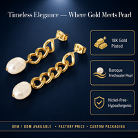 Boucles d'oreilles pendantes en chaîne cubaine avec perles baroques plaquées or 18 carats, vente en gros OEM, bijoux personnalisés, cadeau pour femme