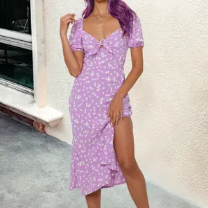 Robe mi-longue violet pour femmes, nouvelle collection d'été, Style Boho, imprimé avec nœud, taille haute, Sexy, fente, mi-longue, 2022