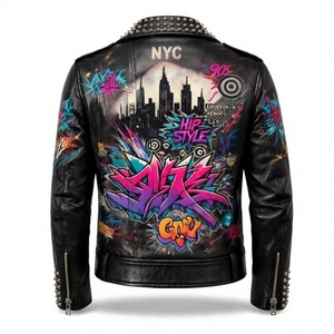 Veste de moto en cuir pour homme, style punk, avec imprimé graffiti, décorations à rivets, fermeture éclair, col rabattu, pour l'automne - Product Image 2