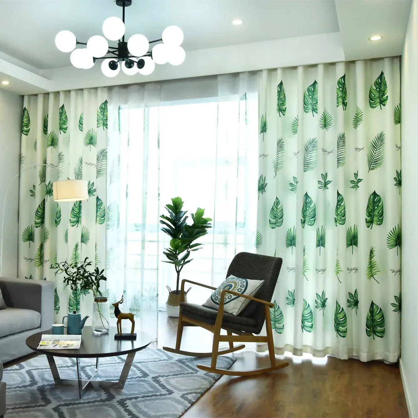 Graceful Two Side Shining Green Leaves Classical Print Blackout Curtain Window Curtain For Living Room