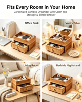 Organisateur de bureau en bambou carbonisé avec plateau ouvert, boîte de rangement pour maquillage, idéal pour la maison, le bureau, la coiffeuse, la chambre à coucher