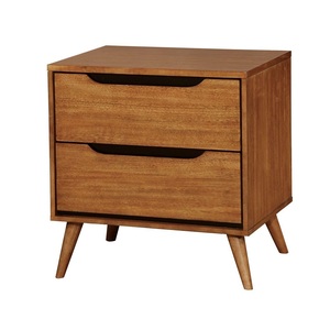 Mid Century Modern Oak Nightstand <b>2</b> <b>Drawer</b> Bedside Table Solid Wood Round Tapered Legs Bedroom Furniture - Product Image 2