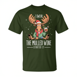 T-shirt de Noël « I Swear The Mulled Wine Started It » avec motif de renne, cadeau de vacances pour hommes, femmes et unisexe - Product Image 2