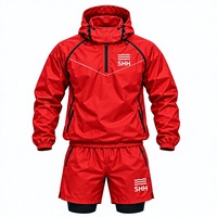 Ensemble de sudation personnalisé rouge pour homme, avec sweat à capuche demi-zip et short 2-en-1, réfléchissant, pour entraînement fitness et perte de poids