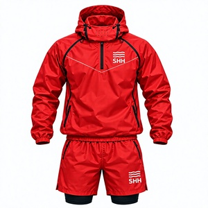 Custom Red Hooded Sauna Suit <b>Men</b> Half Zip Sweat Training <b>Pullover</b> with 2 in 1 Shorts Reflective Workout Fitness Weight Cut Set - Product Image 1