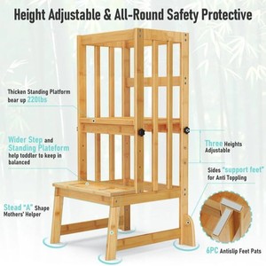 Child Kitchen Step <b>Stool</b> With Safety Rails <b>Bamboo</b> Adjustable Height Learning Tower For Toddlers - Product Image 2