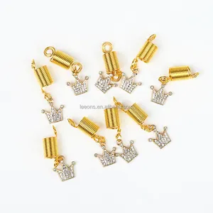 Vente chaude 11 Styles Or Métal Printemps Tube Anneau avec Couronne Strass Pendentif Pour Dreadlocks Cheveux Tresse Manchette Clips