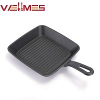 Poêle carrée en fonte avec support en bois, antiadhésive, à surface striée, pour steak, bacon, barbecue, compatible gaz et induction, revêtement à l'huile végétale