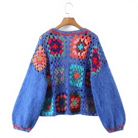 Cardigan Bohème Femme en Crochet Fait Main, Motifs Géométriques Color Block, Col Rond, Manches Longues, Pull Personnalisable, Manteau Court Tricoté
