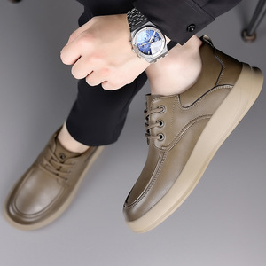 Chaussures bateau en cuir pour hommes, bout rond, à lacets, semelle extérieure en caoutchouc antidérapante, doublure en cuir véritable, pour l'automne, style décontracté - Product Image 2
