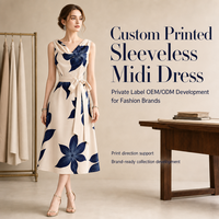 Robe sans manches personnalisée en crème avec imprimé floral marine |   Ceinture de taille |   Développement de vêtements en marque blanche OEM/ODM