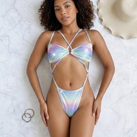 Combinaison de rave holographique pour femme, monokini irisé brillant avec anneau en O, tenue arc-en-ciel une pièce pour festival