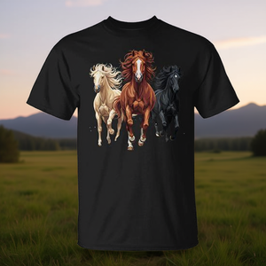 Camiseta con diseño de arte ecuestre de caballos salvajes y trío de caballos en carrera - Product Image 3