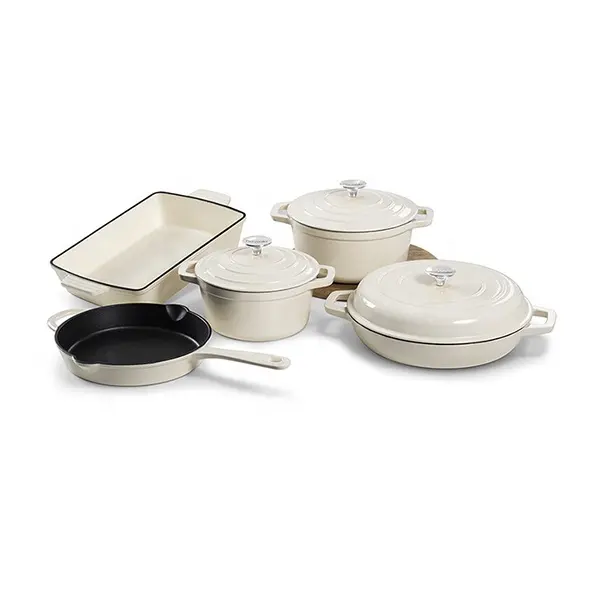 Custom White Color Popular Kitchen Enamel Casserole Sets Pots And Pans Cookware Set Enamel Cooking Pot Cast Iron Cookware Set
