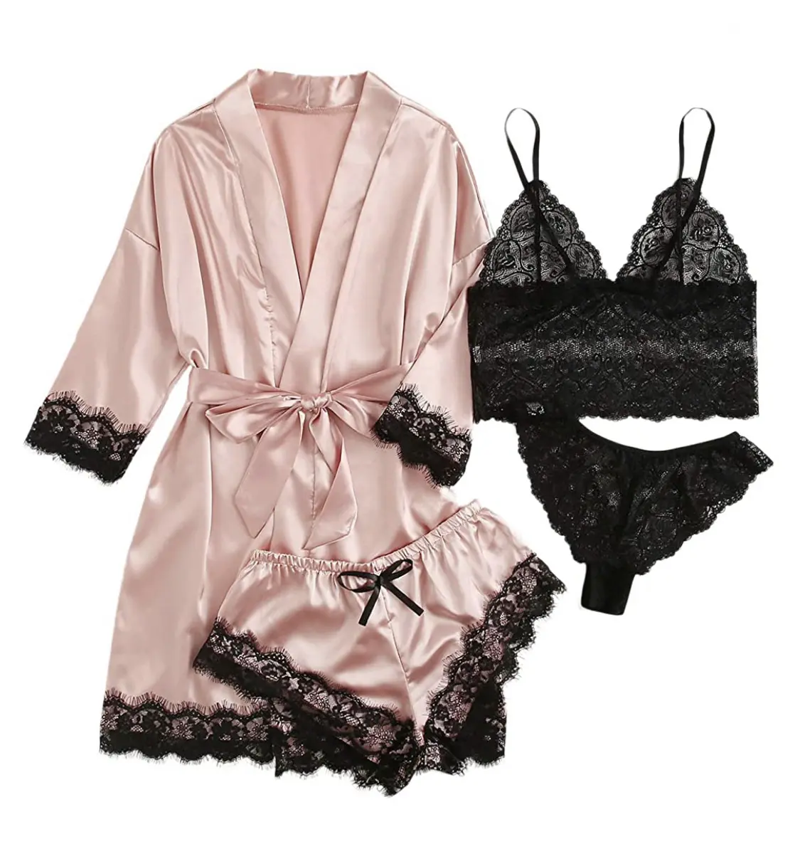 Women' Silk Satin Pajamas Set 4pcs Lingerie Floral Lace Cami Sleepwear with Robe K04