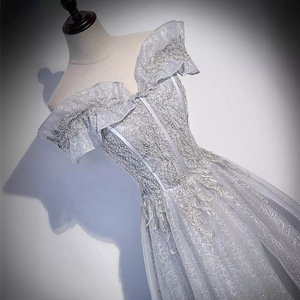 Grey Off The Shoulder Ball Gown Evening Dress With Ruffles Embroidered Organza Natural Waistline For Banquets And Performances - Product Image 2