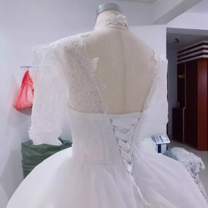 Lace Wedding Dress V-Neck Short Sleeve Princess Waistline Vintage Style for Women - Product Image 3