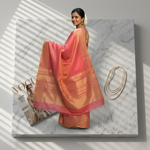Sari de Seda Sofisticado en Color Rosa Coral |   Ropa Tradicional Premium para Mujer de Secado Rápido, Origen Maharashtra, para Invierno/Verano - Product Image 5