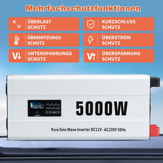 Wireless Remote Controller 5000W Pure Sine Wave Inverter 12V DC to AC 110V 220V Car Inverter for RV Truck Caravan Boat Camping