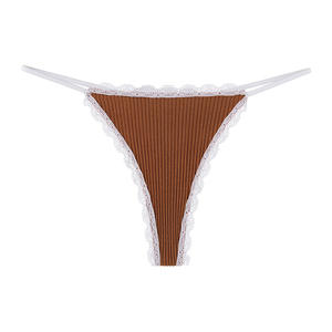 女性用コットンソリッドセクシーレーストリムニットトングローライズリブ快適通気性ビキニストリング下着 - Product Image 5