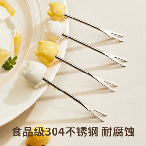 Home Fruit Plate Dessert Fork Cartoon Style 304 Stainless Steel Ebony Wood Base For Kitchen Use - Product Image 2