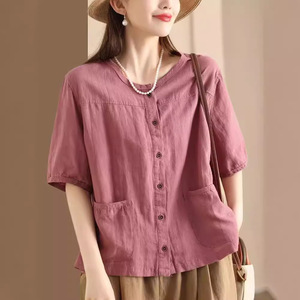 Women's Cotton Linen Shirt Short Sleeve V-Neck Button Front Pocket Design Casual Retro Style Coffee Color - Product Image 2