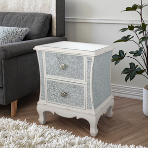 Cute Distressed White Nightstand 2 Drawers Crushed Diamond End <strong>Table</strong> Crackled Glass New Design Bedroom Side <strong>Table</strong> White Trims - Product Image 3