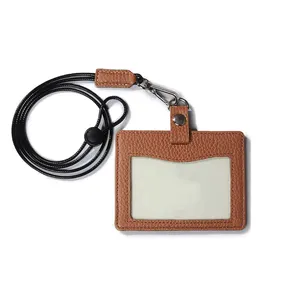 Handmade Gift ID Case Double-sided Card Holder Pass Case Employee Neck ID Holder With Leather Strap