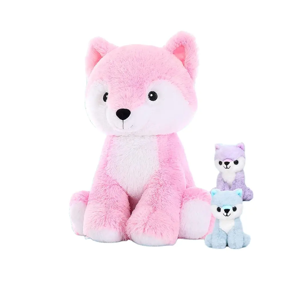 A009 Schlussverkauf niedlicher weicher großer rosa Tier Fuchs mit 4 Babys für Kinder Junge Mädchen Großhandel 5-teiliges Füchse gefülltes Plüsch-Fuchs-Spielzeugset