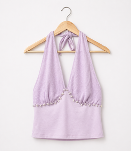 Buy Premium Quality Lavender Halter Neck Knit Crop <b>Top</b> Sleeveless Casual Fashion Summer <b>Top</b> with <b>Beaded</b> For Women - Product Image 3