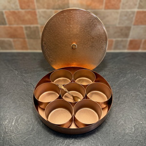 Premium Round Pure Brass Spice <b>Box</b> with 7Katori Containers Etched Floral Art Lid Luxury Indian Masala Dani Kitchen Organizer Set - Product Image 1