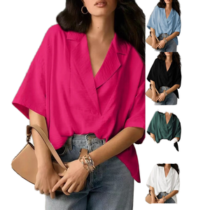Blusa de Manga Corta con Cuello en V para Mujer, Color Sólido, Corte Holgado, Informal, Estilo Envolvente, Primavera Verano, Camisa de Popelina de Algodón - Product Image 2