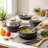 Batterie de cuisine en pierre médicale 12 pièces, antiadhésive, compatible induction, avec couvercles en verre et poignées en bois, pour la cuisine domestique